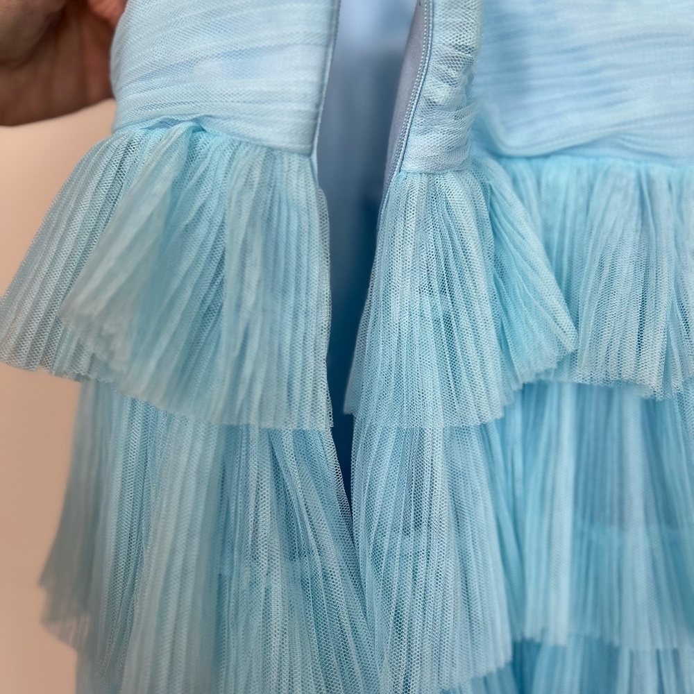NWOT Radiant Event Light Blue Mesh Tiered Pleated Backless Maxi Dress - Picture 8 of 9